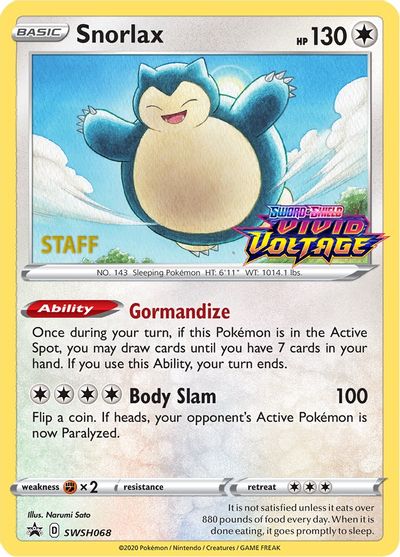 Snorlax (SWSH068) (Staff Prerelease Promo) [Sword & Shield: Black Star Promos] | Jack's On Queen