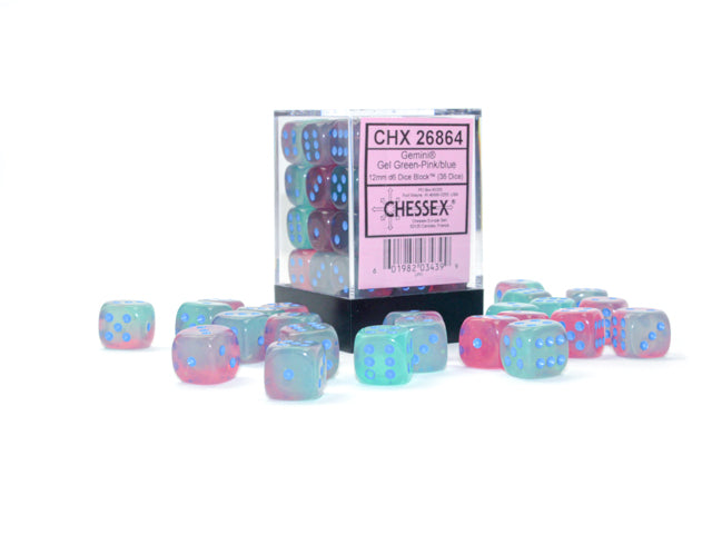 Dice: 36x D6: 12 mm: Gemini: Gel Green-Pink / Blue Luminary | Jack's On Queen