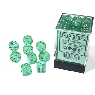 Chessex CHX27975 Borealis: 36D6 Light Green / Gold Luminary | Jack's On Queen