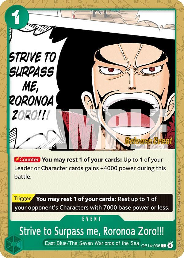 Strive to Surpass me, Roronoa Zoro!!! (OP14-036) [The Azure Sea's Seven Release Event Cards] | Jack's On Queen