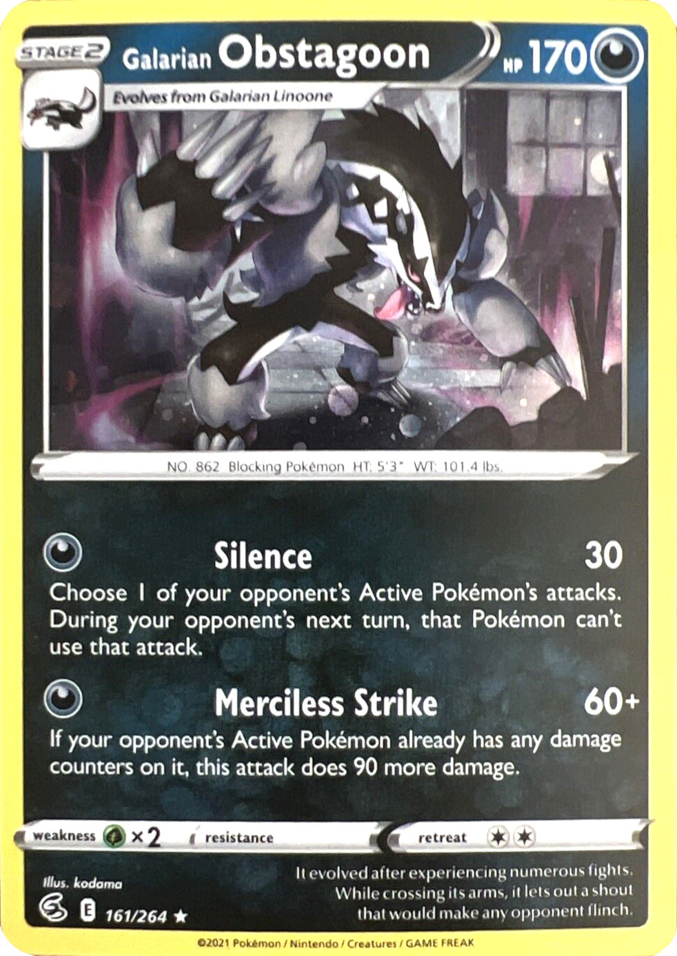 Galarian Obstagoon (161/264) (Cosmos Holo) [Sword & Shield: Fusion Strike] | Jack's On Queen