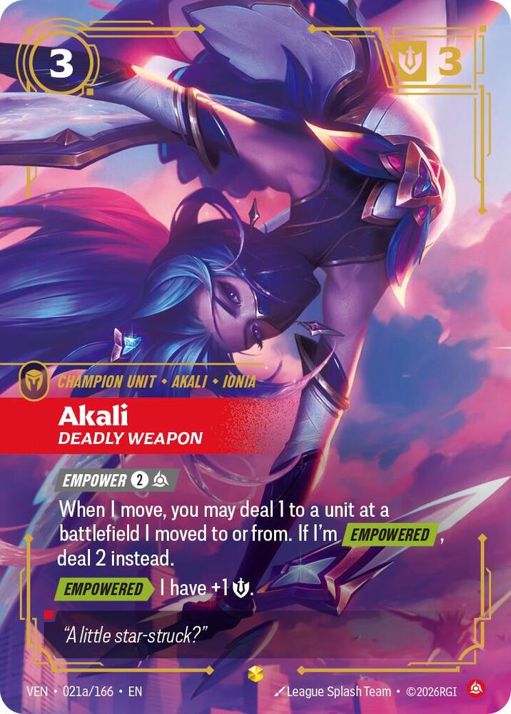 Akali - Deadly Weapon (Alternate Art) (021a/166) [Vendetta] | Jack's On Queen