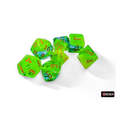 Dice: 7 pc: Gemini: Plasma Green-Teal / Orange Luminary | Jack's On Queen