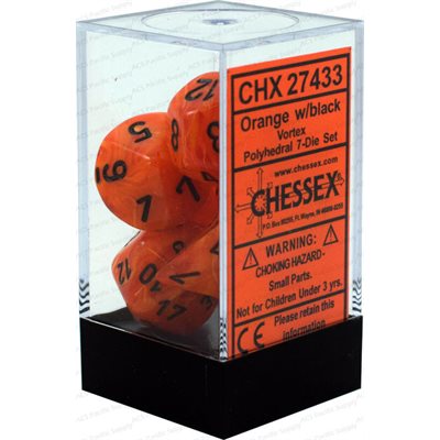 Chessex 7-DIE SET CHX27433 Vortex: 7Pc Orange / Black | Jack's On Queen
