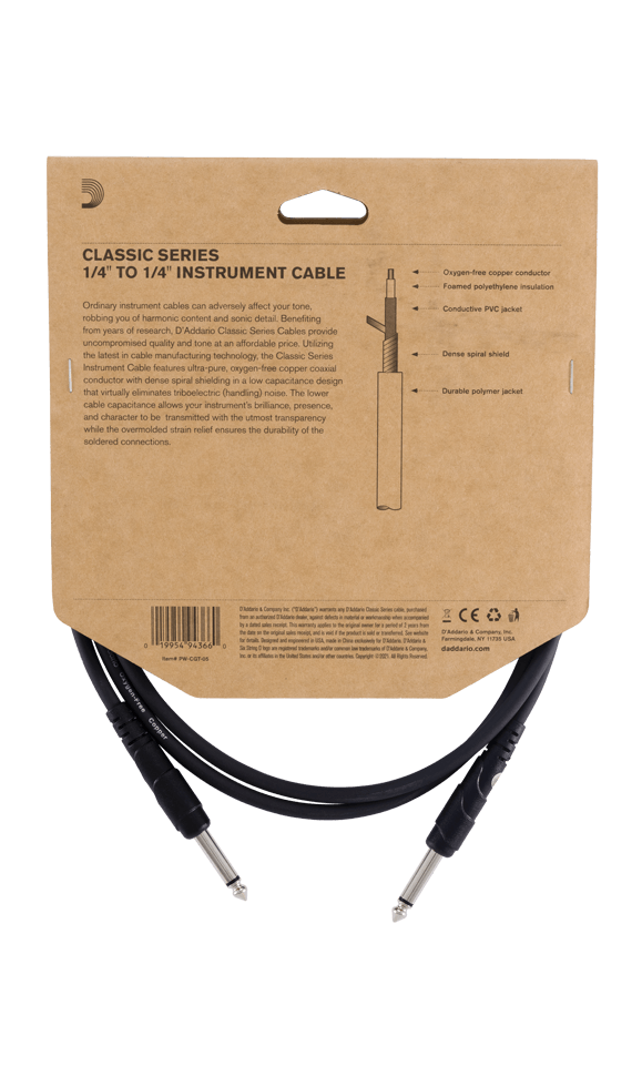 Daddario PW-CGT-10 Classic Series 1/4” Instrument Cable-10 Foot | Jack's On Queen