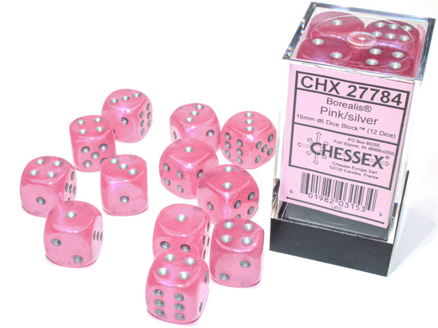 Chessex BOREALIS 12D6 PINK/SILVER 16MM LUMINARY | Jack's On Queen