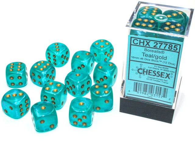 Chessex BOREALIS 12D6 TEAL/GOLD 16MM LUMINARY | Jack's On Queen
