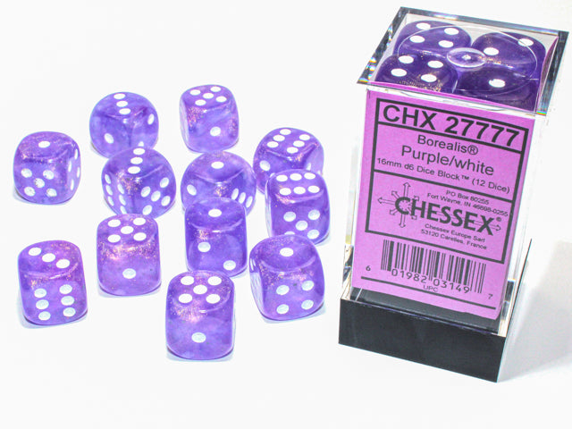 Chessex BOREALIS 12D6 PURPLE/WHITE 16MM LUMINARY | Jack's On Queen