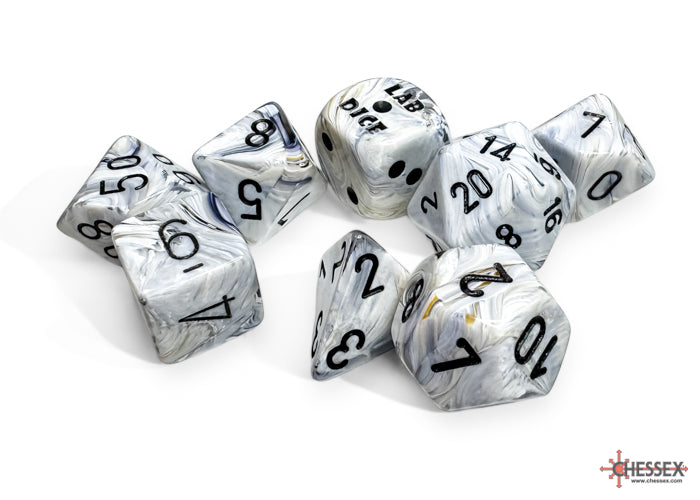 MARBLE 7-DIE SET POLYHEDRAL CALCITE/BLACK (WITH BONUS DIE) | Jack's On Queen