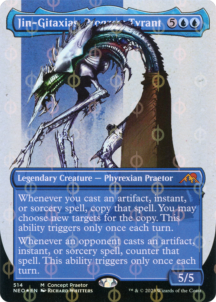 Jin-Gitaxias, Progress Tyrant (Borderless Concept Praetors Step-and-Compleat Foil) [Phyrexia: All Will Be One] | Jack's On Queen