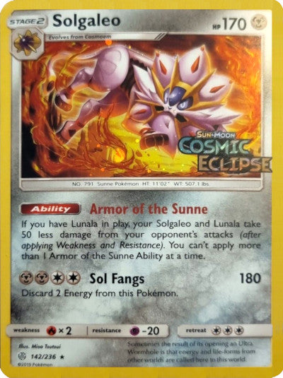 Solgaleo (142/236) (Cosmos Holo) [Sun & Moon: Cosmic Eclipse] | Jack's On Queen