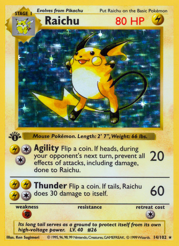 Raichu (14/102) (Shadowless) [Base Set 1st Edition] | Jack's On Queen