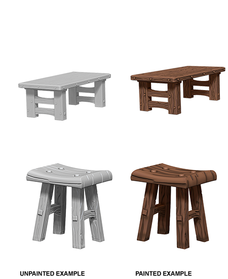 WizKids Deep Cuts Unpainted Miniatures: Wooden Table & Stools | Jack's On Queen