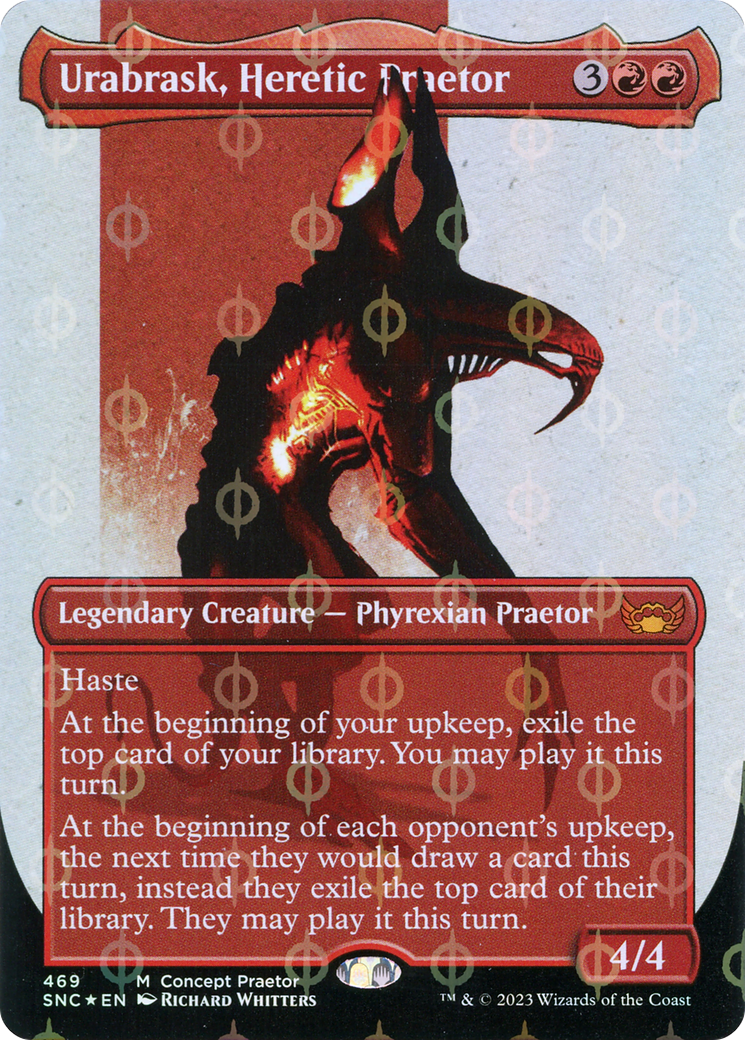 Urabrask, Heretic Praetor (Borderless Concept Praetors Step-and-Compleat Foil) [Phyrexia: All Will Be One] | Jack's On Queen