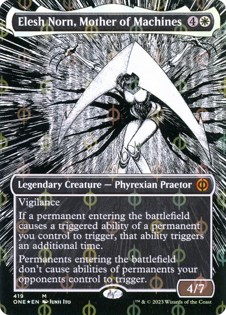 Elesh Norn, Mother of Machines (Borderless Manga Step-and-Compleat Foil) [Phyrexia: All Will Be One] | Jack's On Queen