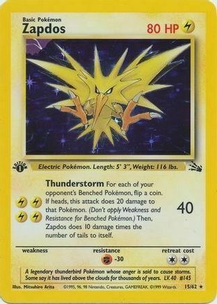 Zapdos (15/62) (Cosmos Holo) [Fossil 1st Edition] | Jack's On Queen